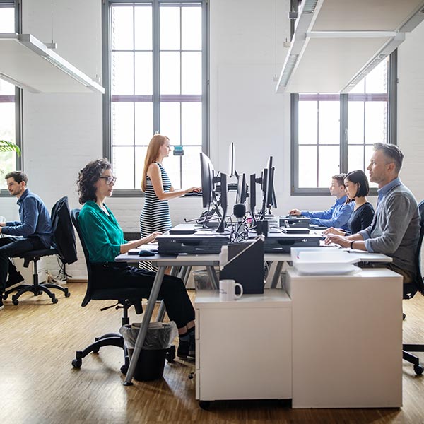 Un grupo de trabajadores de oficina se sienta frente a las computadoras en una moderna oficina de planta abierta.